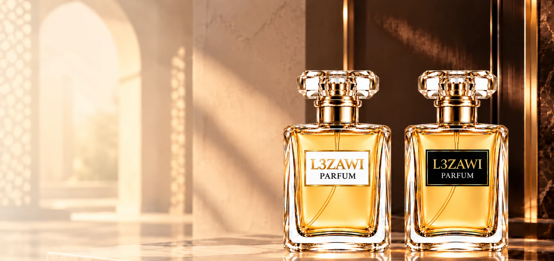 Deux flacons dorés L3ZAWI Parfum placés côte à côte, aux étiquettes blanche et noire, dans un décor masculin raffiné