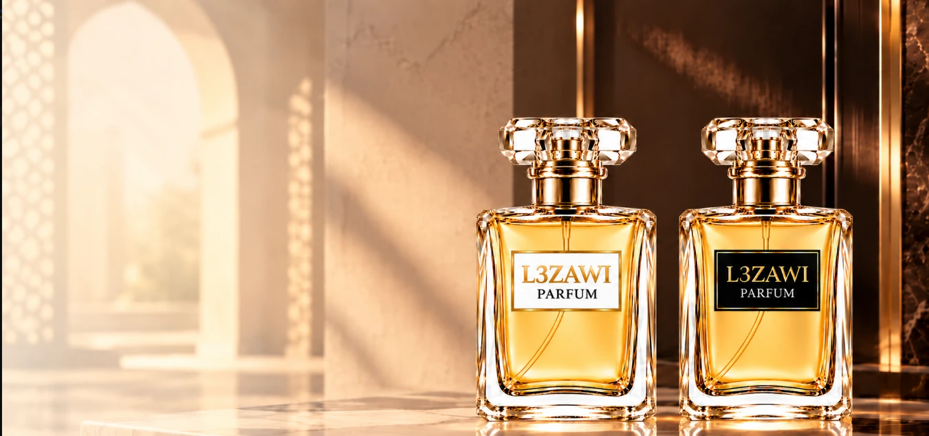 Deux flacons dorés L3ZAWI Parfum placés côte à côte, aux étiquettes blanche et noire, dans un décor masculin raffiné
