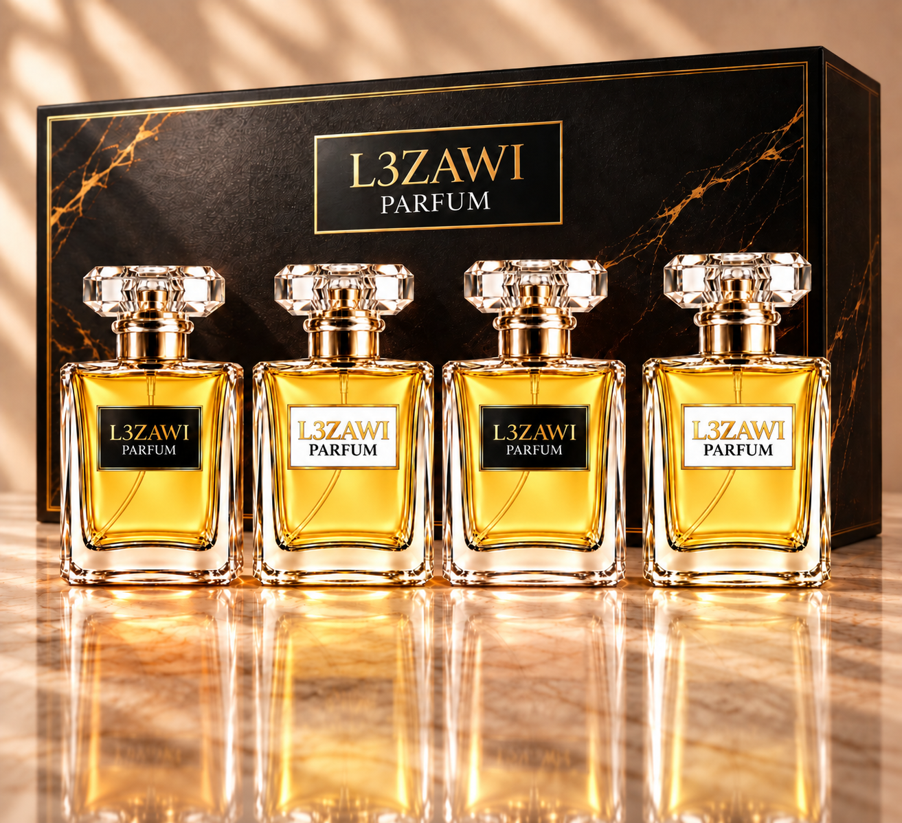 Quatre flacons L3ZAWI Parfum devant leur coffret noir et doré